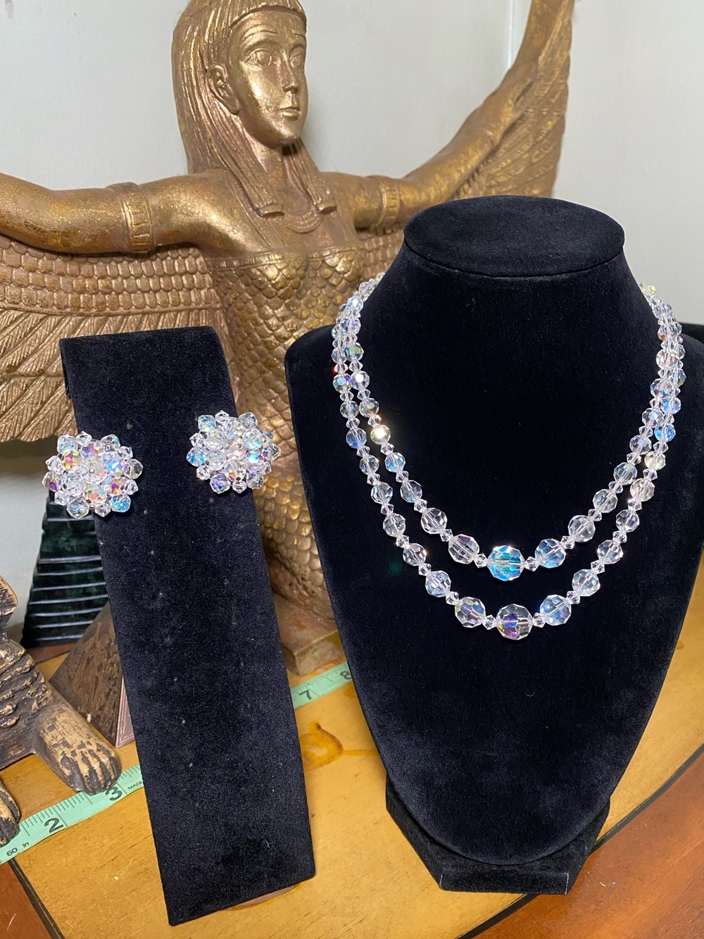 Vintage Crystal Aurora Borealis Double-Strand Necklace with Clip Earrings